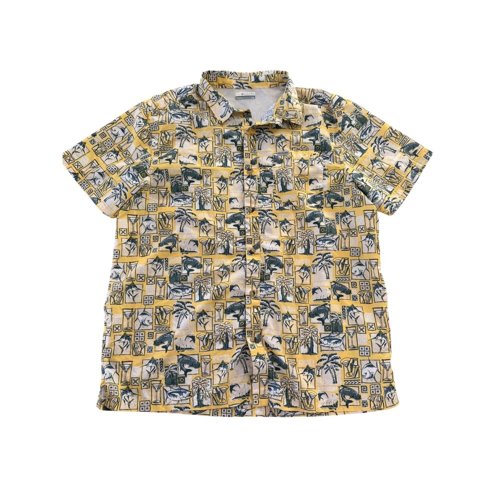 Columbia PFG Mens Large Yellow Tropical Fish Marlin Cocktail Print Shirt XM0693